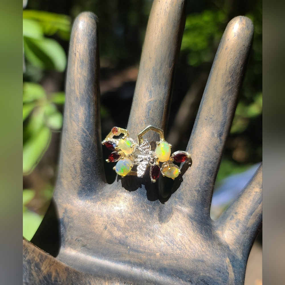 Opal & Garnet sterling & Gold honeycomb 🐝 bee ring sz8.5 - Picture 8 of 8